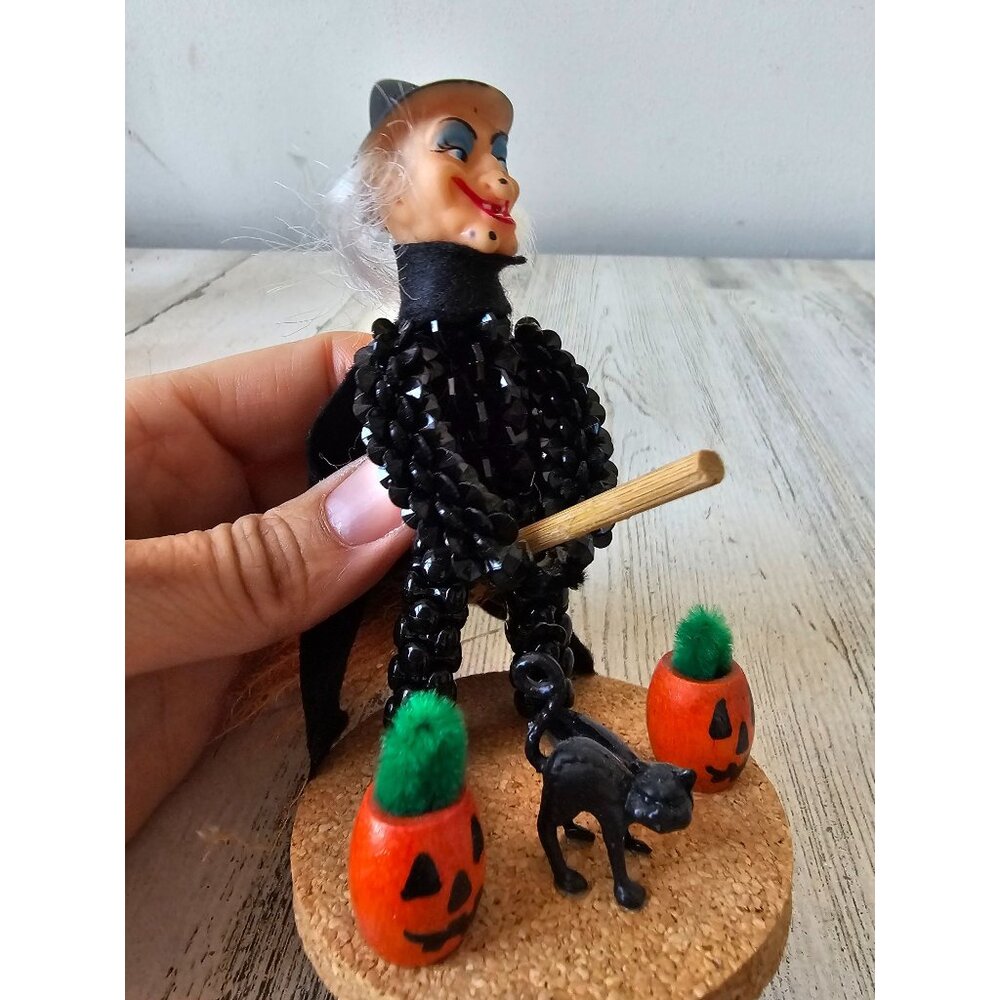 Vintage witch beaded broom statue figurine decor cat pumpkin unique - Picture 5 of 8